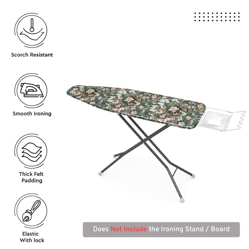Encasa XO Ironing Board Cover and Pad - Thick 4mm Felt, Heat & Scorch-Resistant, Fits Standard Large Boards 54"x15", Elastic Bungee Cord Tightening, Easy Fit, Stain-Safe Dye, Green Roses - Image 2